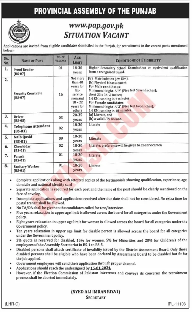 Provincial Assembly Punjab Jobs